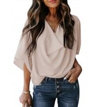 V- Neck Lady Tops Loose Comfortable Soft Women T Shirts HF2615-04-01