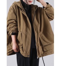Unique Khaki Hooded drawstring Warm Fleece Jacket In Winter Winter