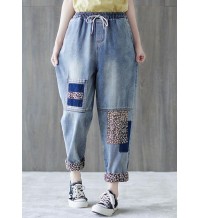 Beautiful Blue patchwork Pockets Cotton Pants Summer
