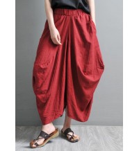 Women Red Pockets Cotton Linen Big crotch pants Summer Pants