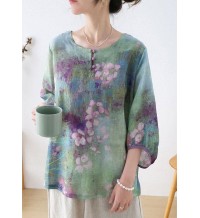Plus Size Purple Button Print Fall Three Quarter Sleeve Top