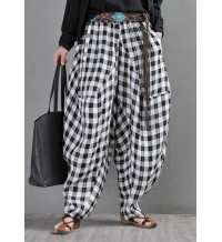 Elegant Black White Plaid Cotton Linen Harem Pants Summer
