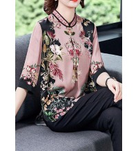 Stylish Pink Stand Collar Print Side Open Silk Shirt Tops Half Sleeve