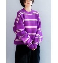 Comfy o neck purple striped knitwear Loose fitting thick Sweater Blouse