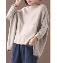 Fashion beige o neck knitted clothes oversize Batwing Sleeve knit sweat tops asymmetric hem