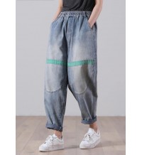 Casual Blue Elastic Waist Harem Summer Cotton Pants